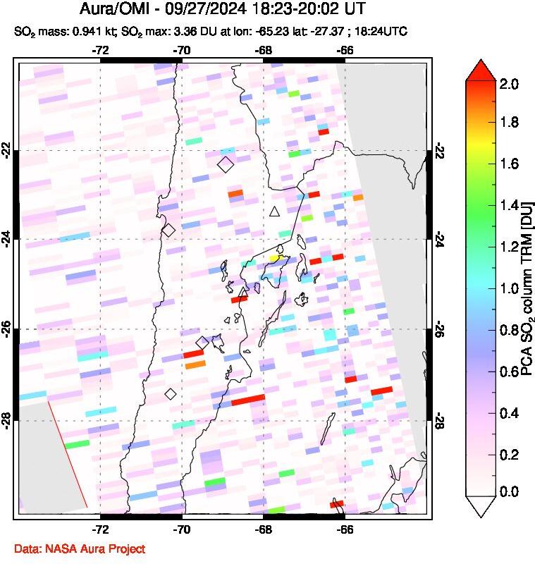 A sulfur dioxide image over Northern Chile on Sep 27, 2024.