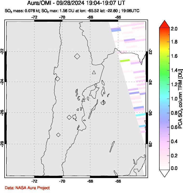 A sulfur dioxide image over Northern Chile on Sep 28, 2024.