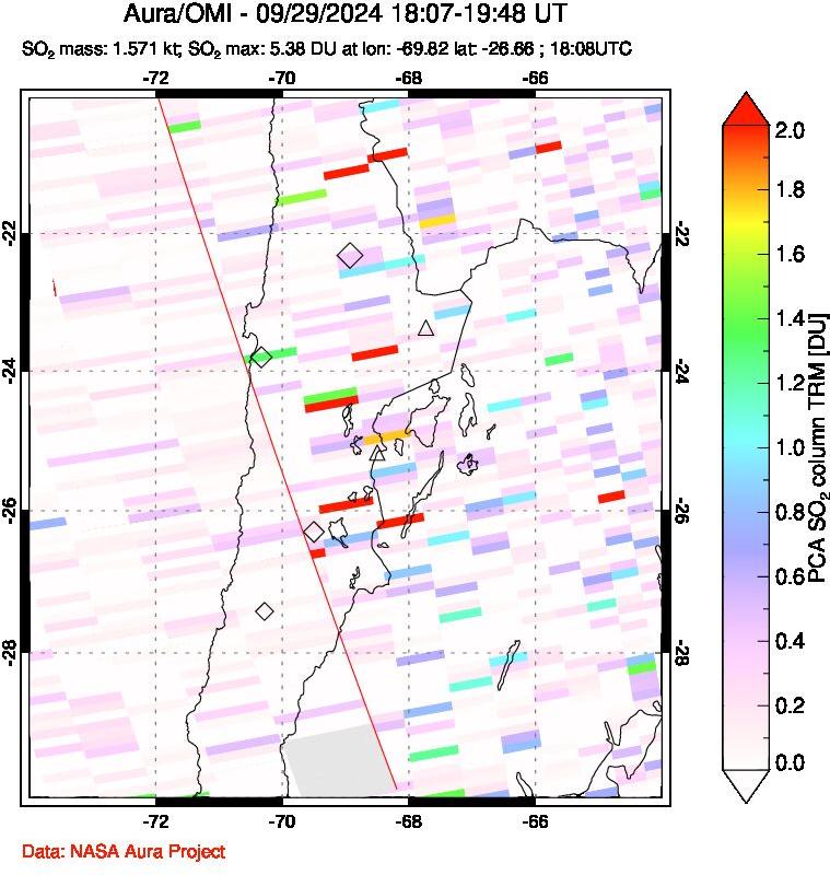 A sulfur dioxide image over Northern Chile on Sep 29, 2024.