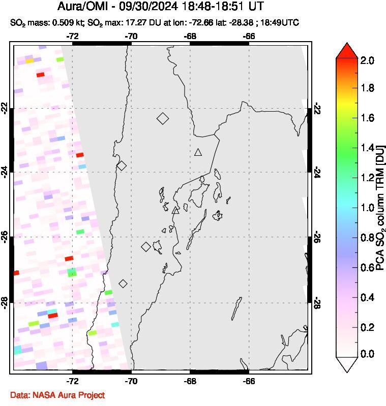 A sulfur dioxide image over Northern Chile on Sep 30, 2024.