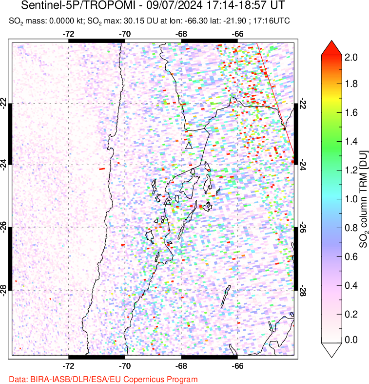 A sulfur dioxide image over Northern Chile on Sep 07, 2024.