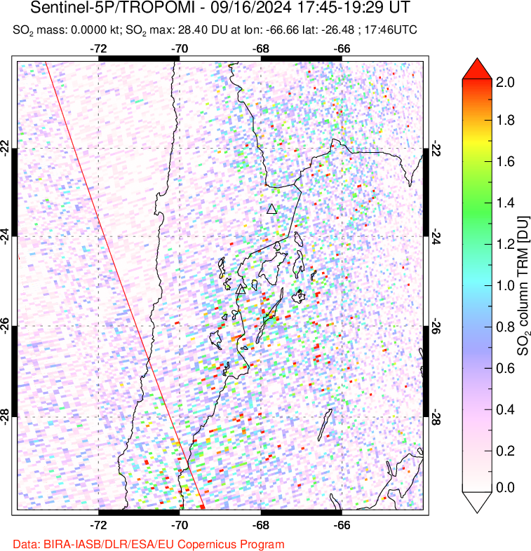 A sulfur dioxide image over Northern Chile on Sep 16, 2024.