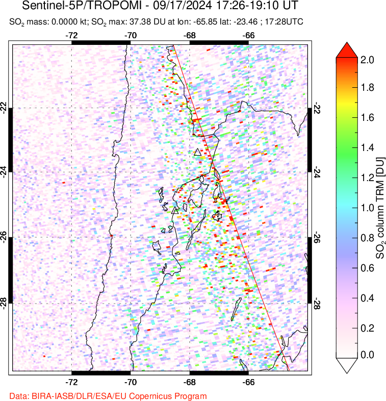 A sulfur dioxide image over Northern Chile on Sep 17, 2024.