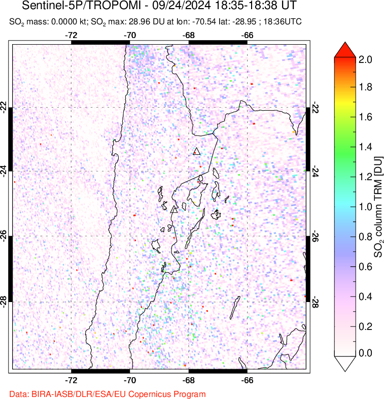 A sulfur dioxide image over Northern Chile on Sep 24, 2024.