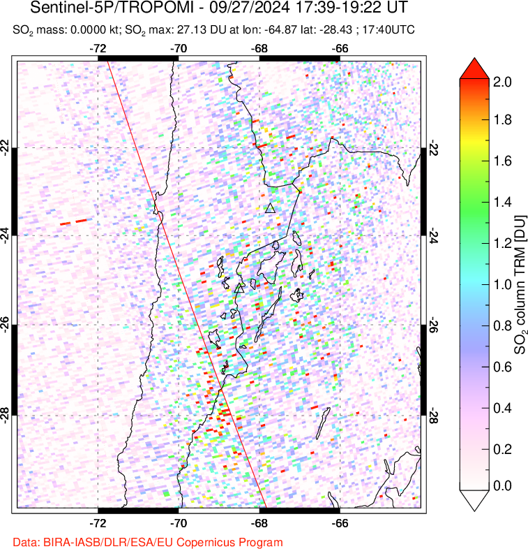 A sulfur dioxide image over Northern Chile on Sep 27, 2024.