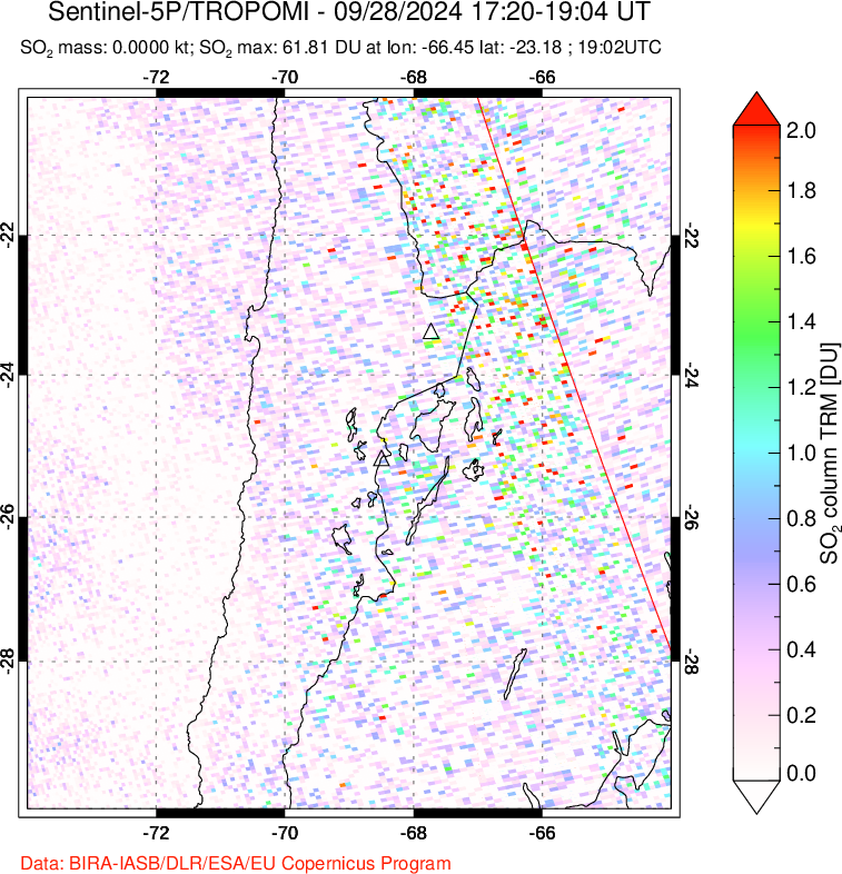 A sulfur dioxide image over Northern Chile on Sep 28, 2024.