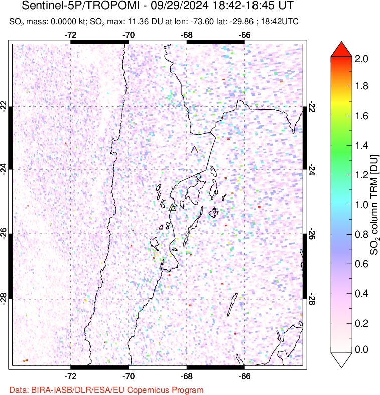 A sulfur dioxide image over Northern Chile on Sep 29, 2024.