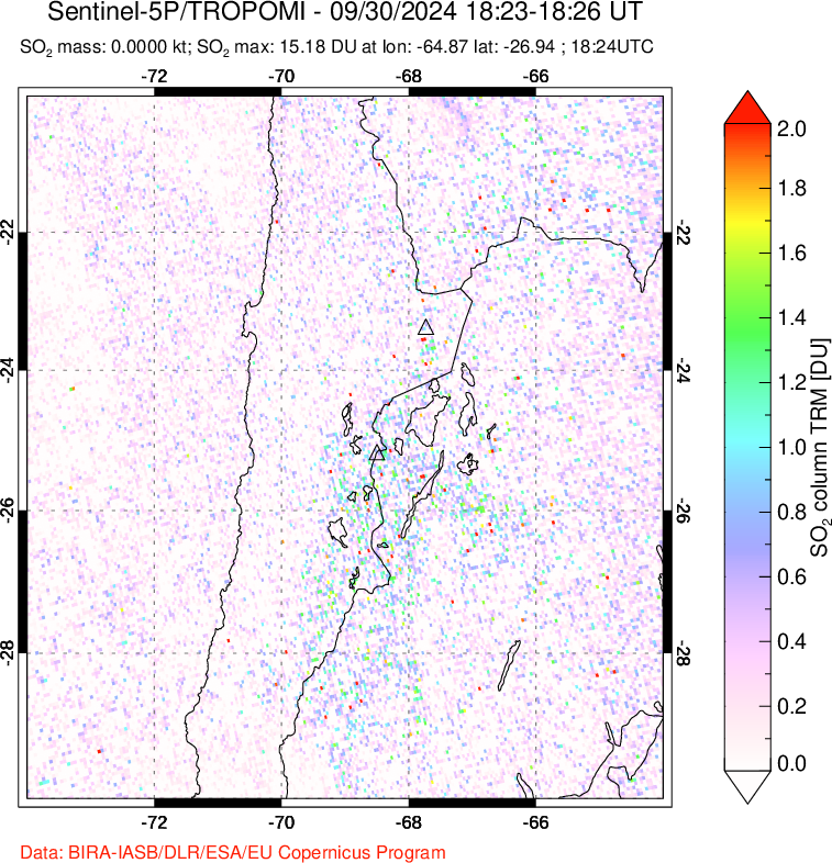 A sulfur dioxide image over Northern Chile on Sep 30, 2024.