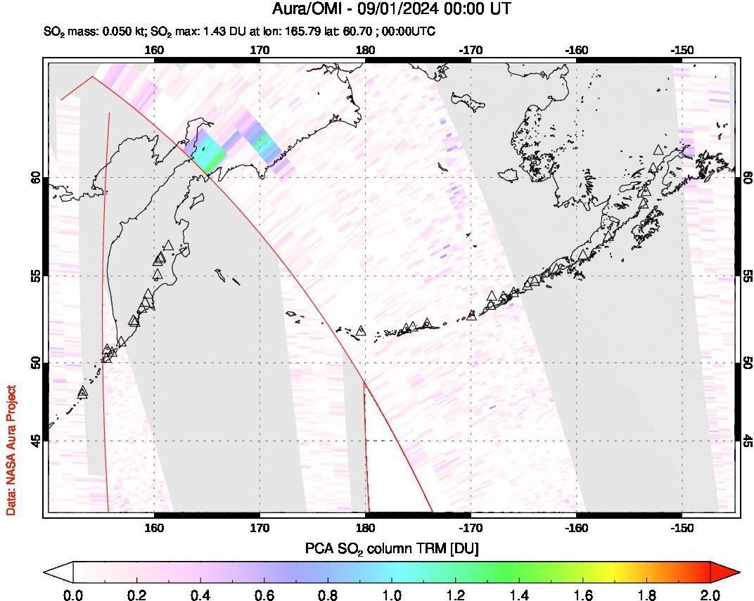 A sulfur dioxide image over North Pacific on Sep 01, 2024.