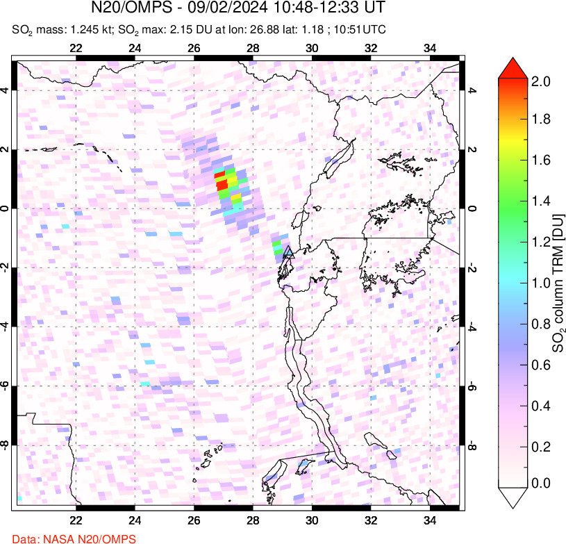 A sulfur dioxide image over Nyiragongo, DR Congo on Sep 02, 2024.