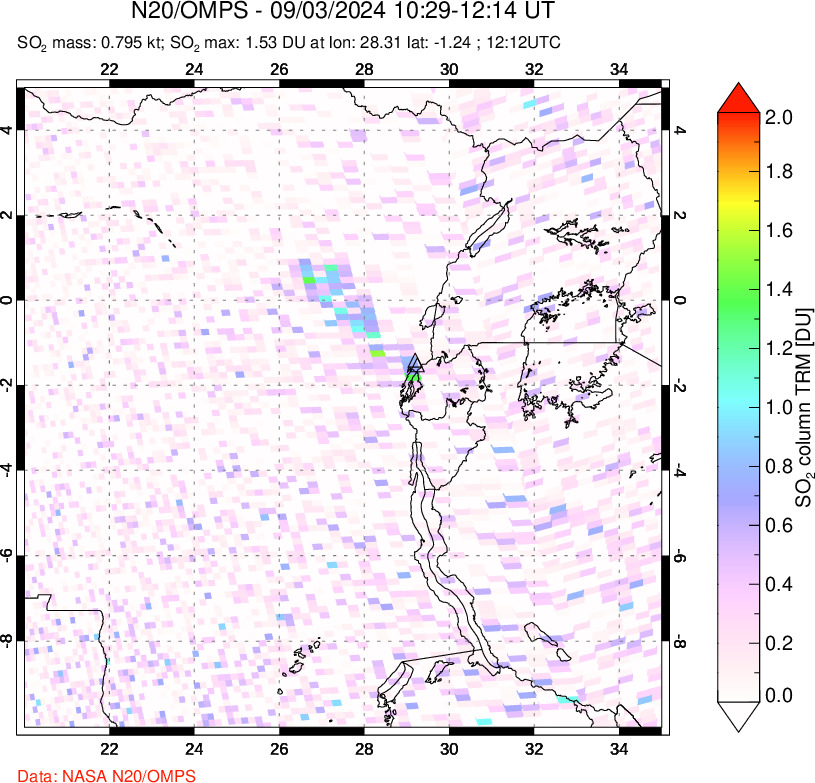 A sulfur dioxide image over Nyiragongo, DR Congo on Sep 03, 2024.