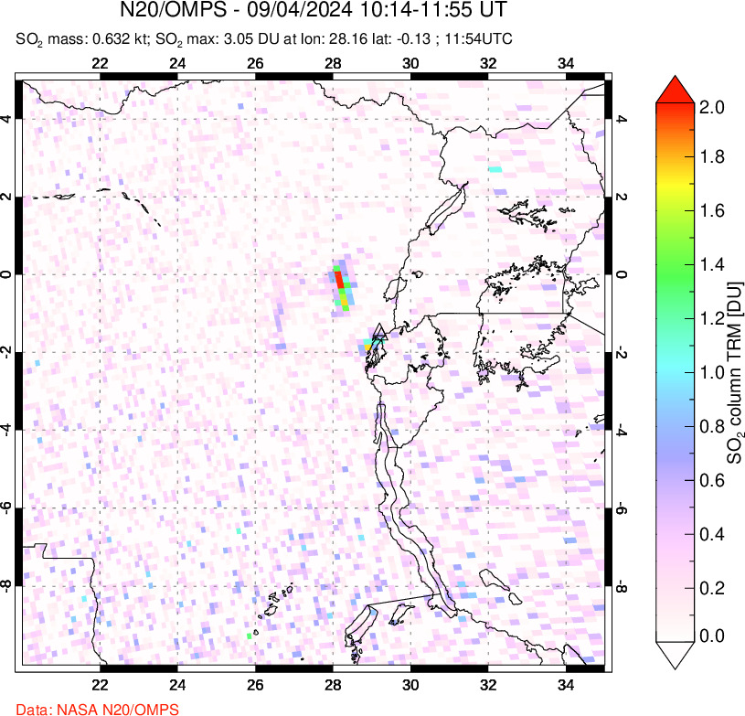 A sulfur dioxide image over Nyiragongo, DR Congo on Sep 04, 2024.