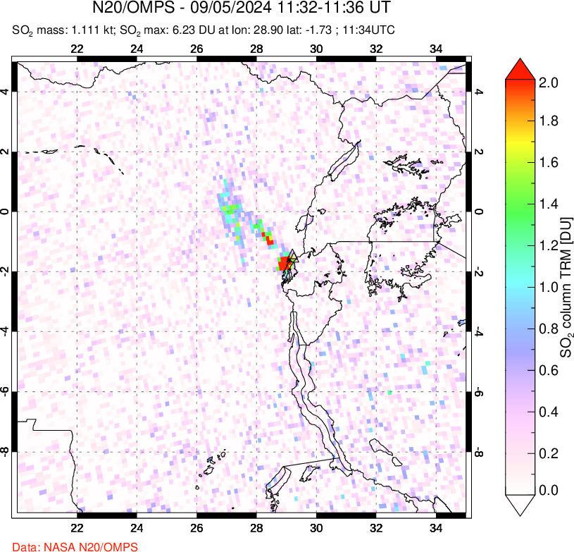 A sulfur dioxide image over Nyiragongo, DR Congo on Sep 05, 2024.