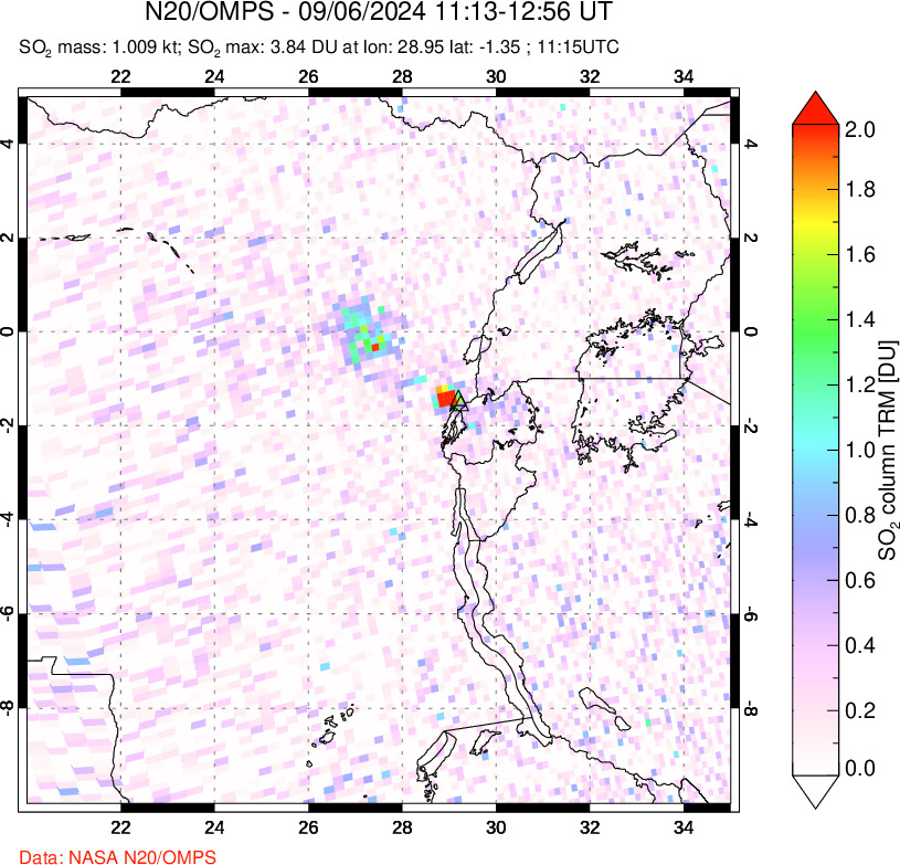 A sulfur dioxide image over Nyiragongo, DR Congo on Sep 06, 2024.