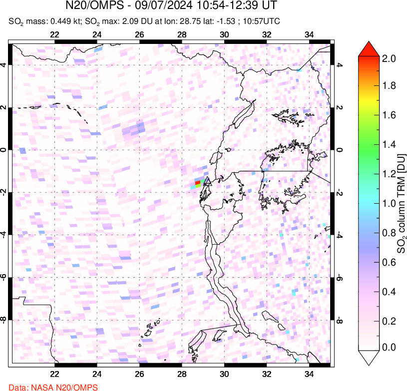 A sulfur dioxide image over Nyiragongo, DR Congo on Sep 07, 2024.