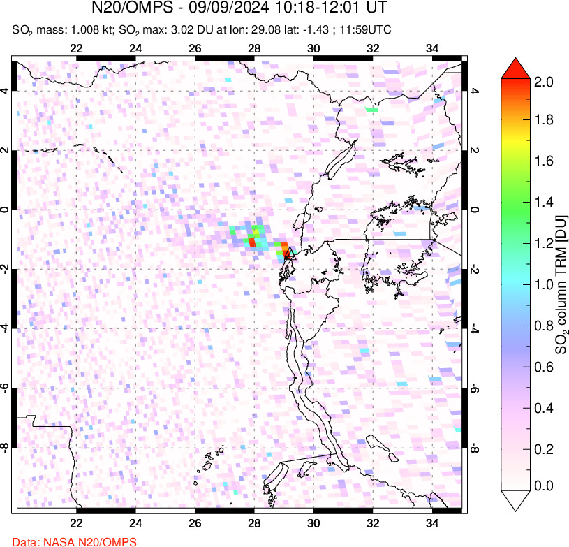 A sulfur dioxide image over Nyiragongo, DR Congo on Sep 09, 2024.