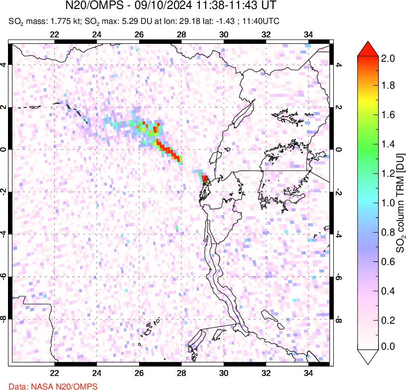 A sulfur dioxide image over Nyiragongo, DR Congo on Sep 10, 2024.