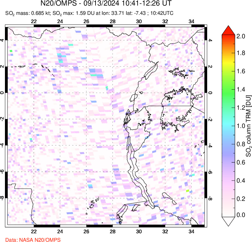 A sulfur dioxide image over Nyiragongo, DR Congo on Sep 13, 2024.