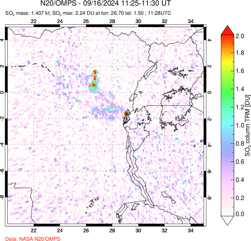 A sulfur dioxide image over Nyiragongo, DR Congo on Sep 16, 2024.