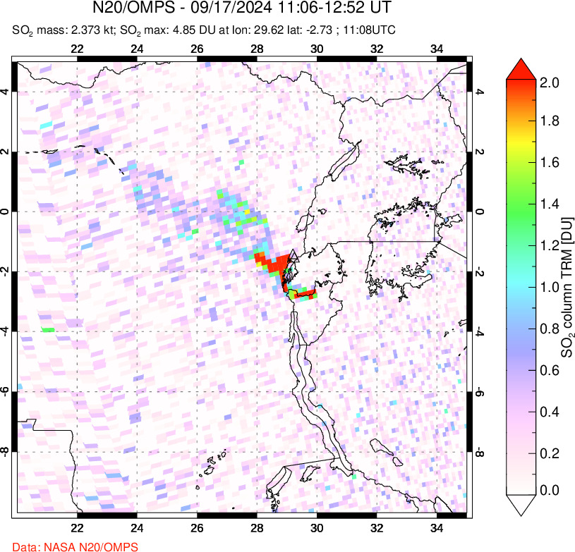 A sulfur dioxide image over Nyiragongo, DR Congo on Sep 17, 2024.