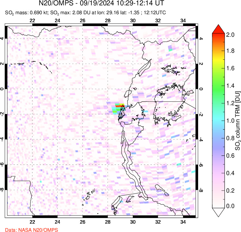 A sulfur dioxide image over Nyiragongo, DR Congo on Sep 19, 2024.