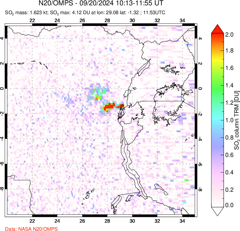 A sulfur dioxide image over Nyiragongo, DR Congo on Sep 20, 2024.