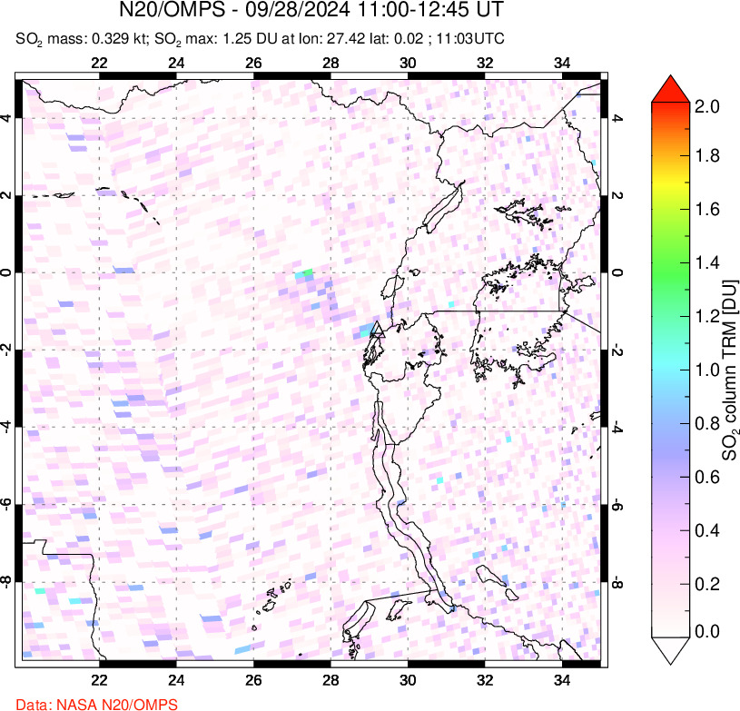 A sulfur dioxide image over Nyiragongo, DR Congo on Sep 28, 2024.