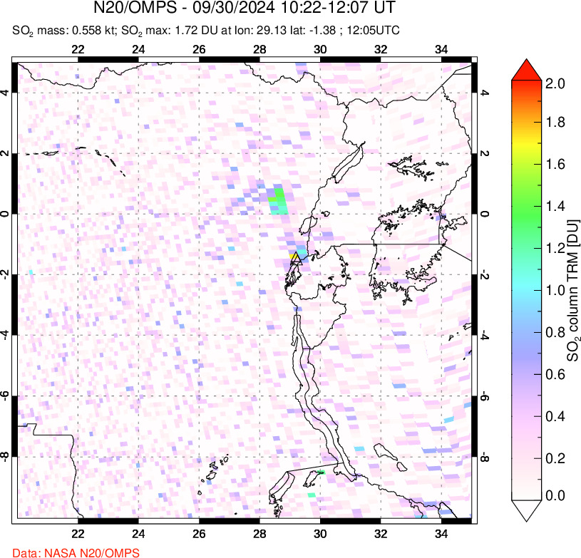 A sulfur dioxide image over Nyiragongo, DR Congo on Sep 30, 2024.