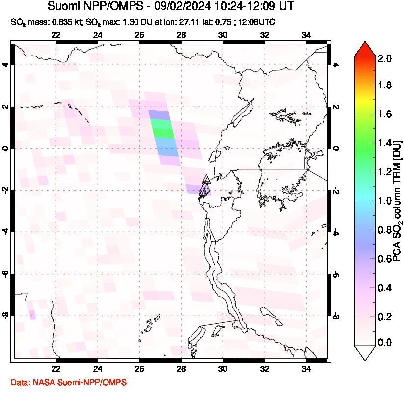 A sulfur dioxide image over Nyiragongo, DR Congo on Sep 02, 2024.