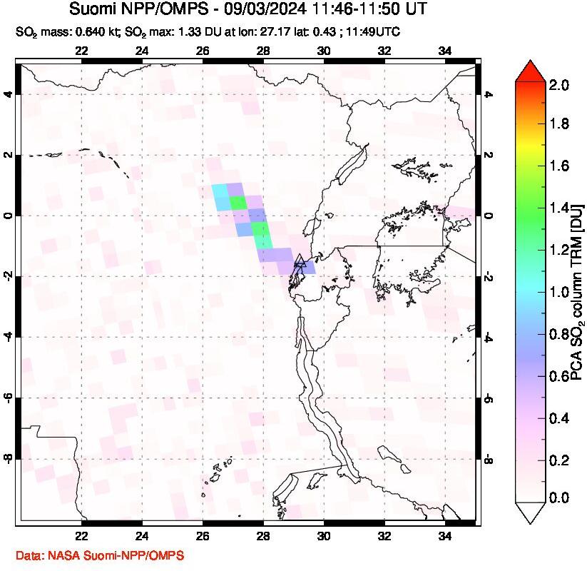 A sulfur dioxide image over Nyiragongo, DR Congo on Sep 03, 2024.