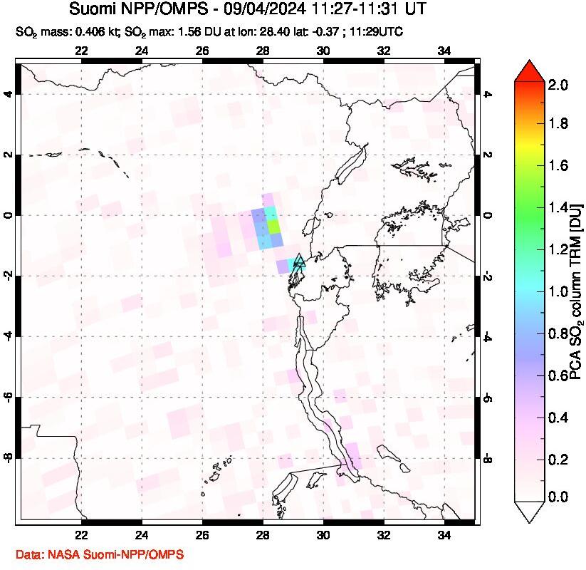 A sulfur dioxide image over Nyiragongo, DR Congo on Sep 04, 2024.