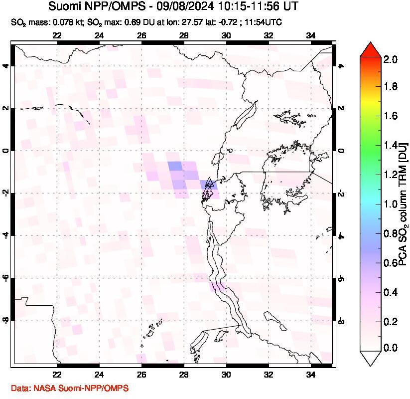 A sulfur dioxide image over Nyiragongo, DR Congo on Sep 08, 2024.