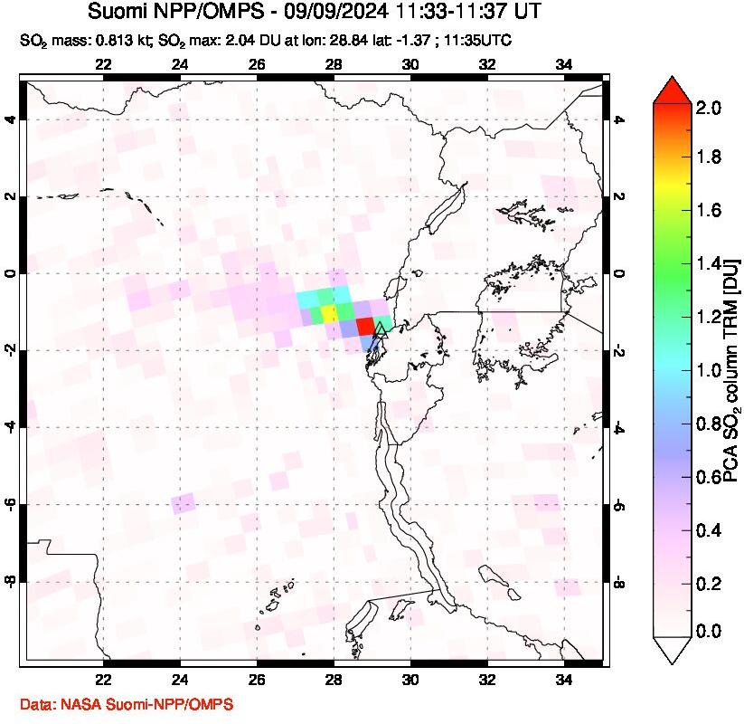 A sulfur dioxide image over Nyiragongo, DR Congo on Sep 09, 2024.