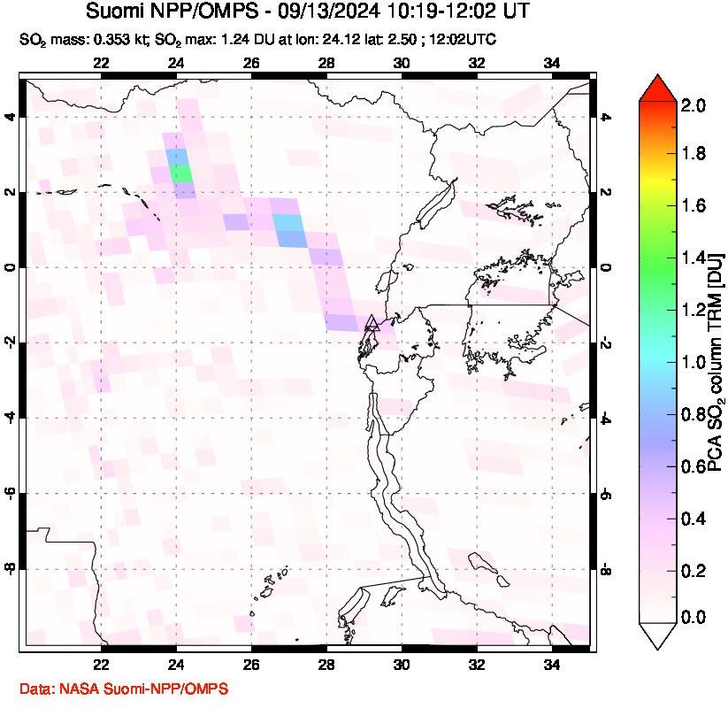 A sulfur dioxide image over Nyiragongo, DR Congo on Sep 13, 2024.