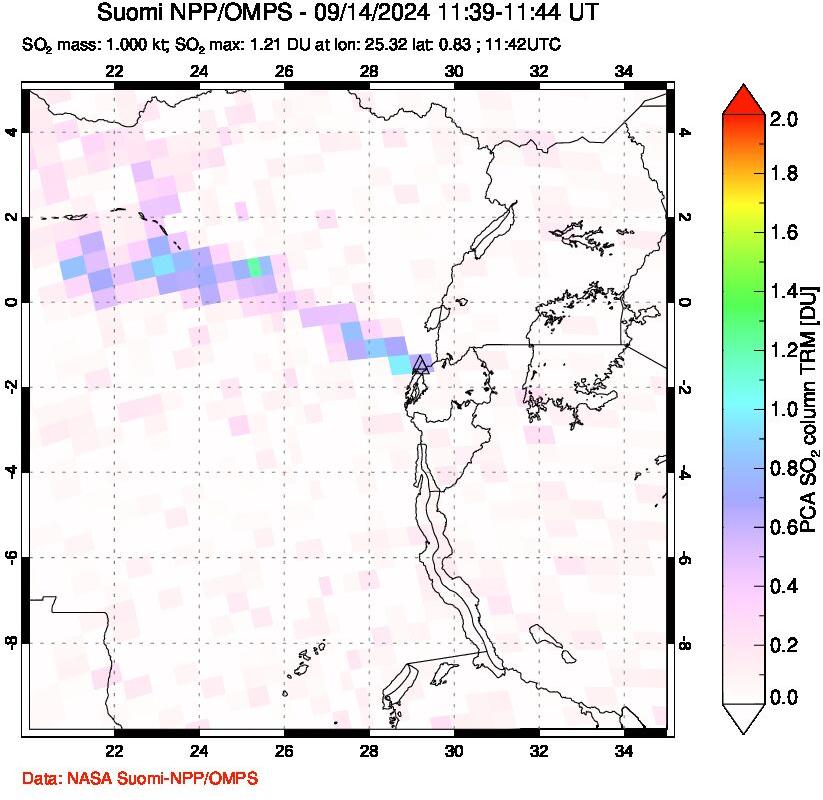 A sulfur dioxide image over Nyiragongo, DR Congo on Sep 14, 2024.