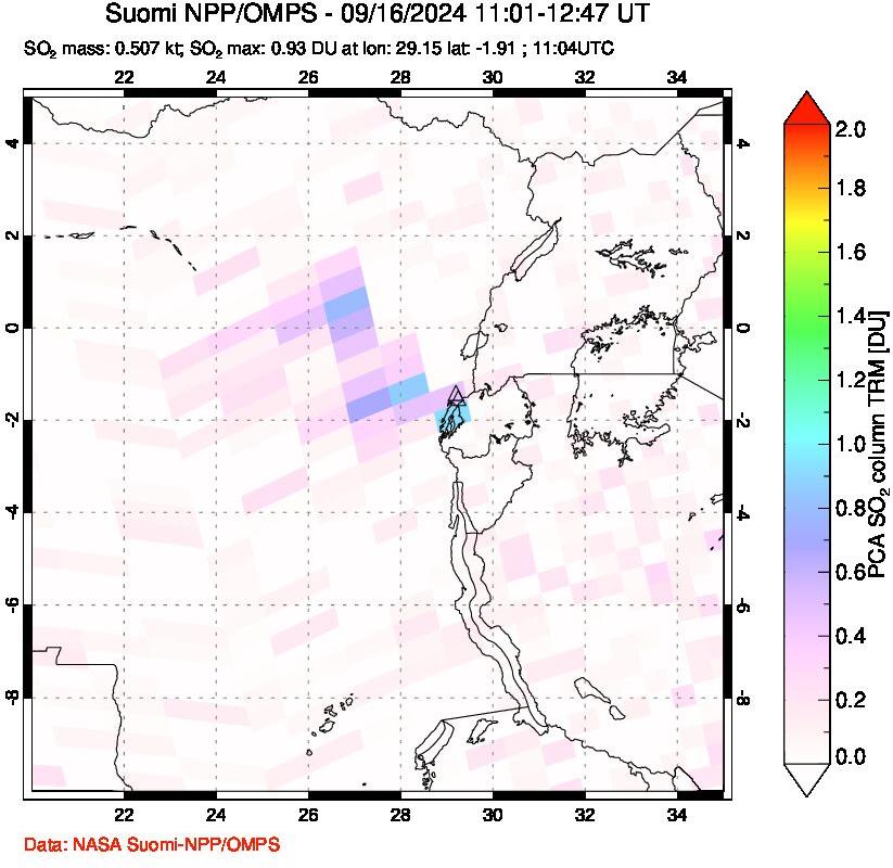 A sulfur dioxide image over Nyiragongo, DR Congo on Sep 16, 2024.