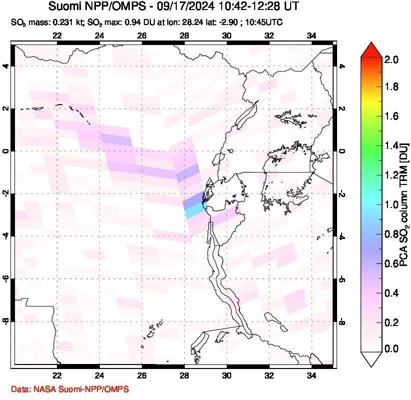 A sulfur dioxide image over Nyiragongo, DR Congo on Sep 17, 2024.