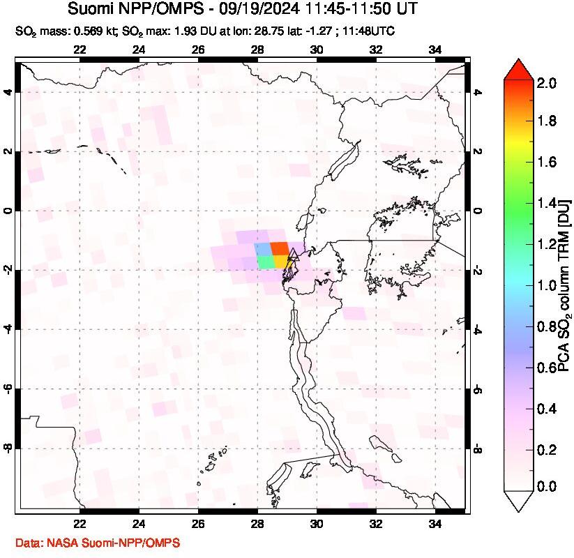 A sulfur dioxide image over Nyiragongo, DR Congo on Sep 19, 2024.