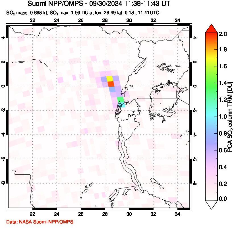 A sulfur dioxide image over Nyiragongo, DR Congo on Sep 30, 2024.