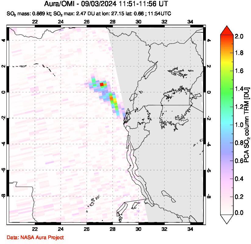 A sulfur dioxide image over Nyiragongo, DR Congo on Sep 03, 2024.