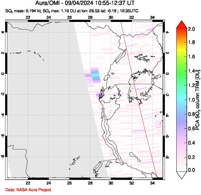 A sulfur dioxide image over Nyiragongo, DR Congo on Sep 04, 2024.