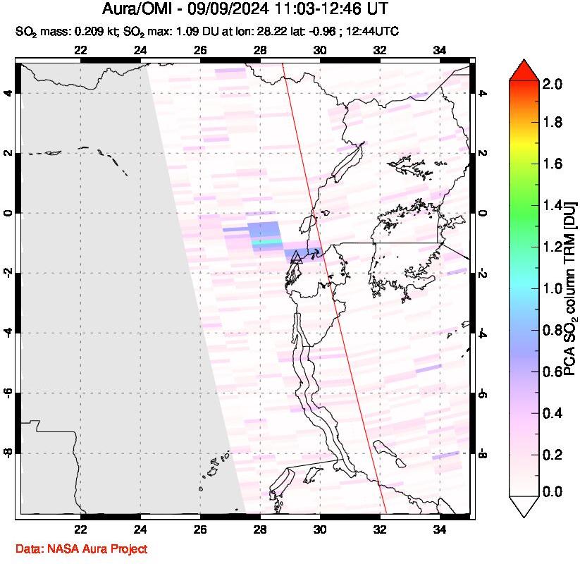 A sulfur dioxide image over Nyiragongo, DR Congo on Sep 09, 2024.