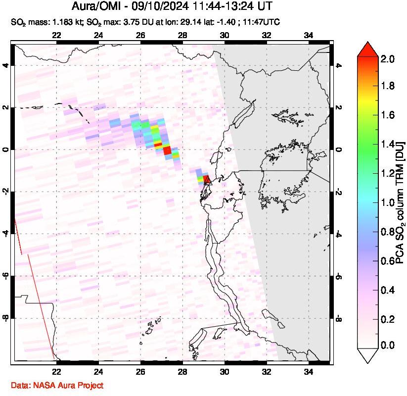 A sulfur dioxide image over Nyiragongo, DR Congo on Sep 10, 2024.