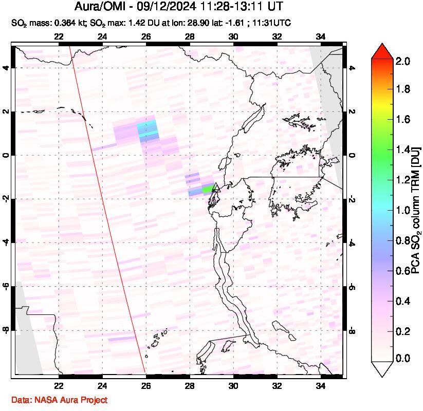 A sulfur dioxide image over Nyiragongo, DR Congo on Sep 12, 2024.