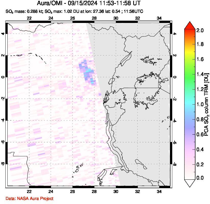 A sulfur dioxide image over Nyiragongo, DR Congo on Sep 15, 2024.