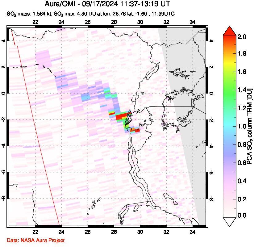 A sulfur dioxide image over Nyiragongo, DR Congo on Sep 17, 2024.