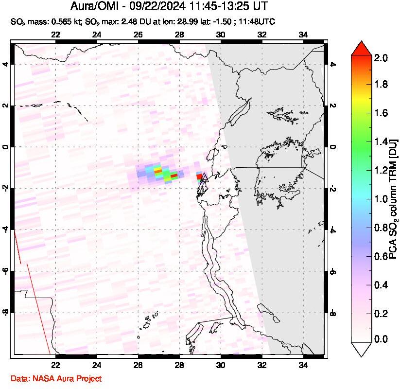 A sulfur dioxide image over Nyiragongo, DR Congo on Sep 22, 2024.