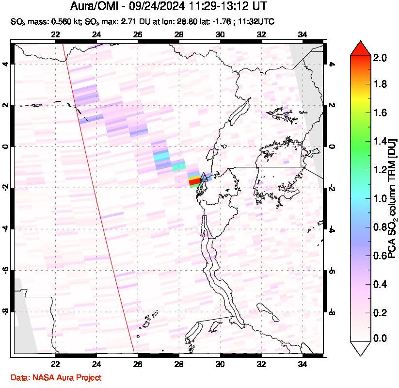 A sulfur dioxide image over Nyiragongo, DR Congo on Sep 24, 2024.