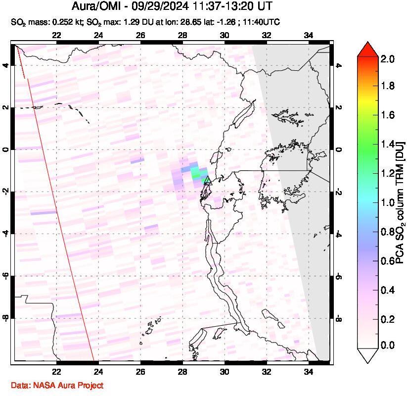 A sulfur dioxide image over Nyiragongo, DR Congo on Sep 29, 2024.