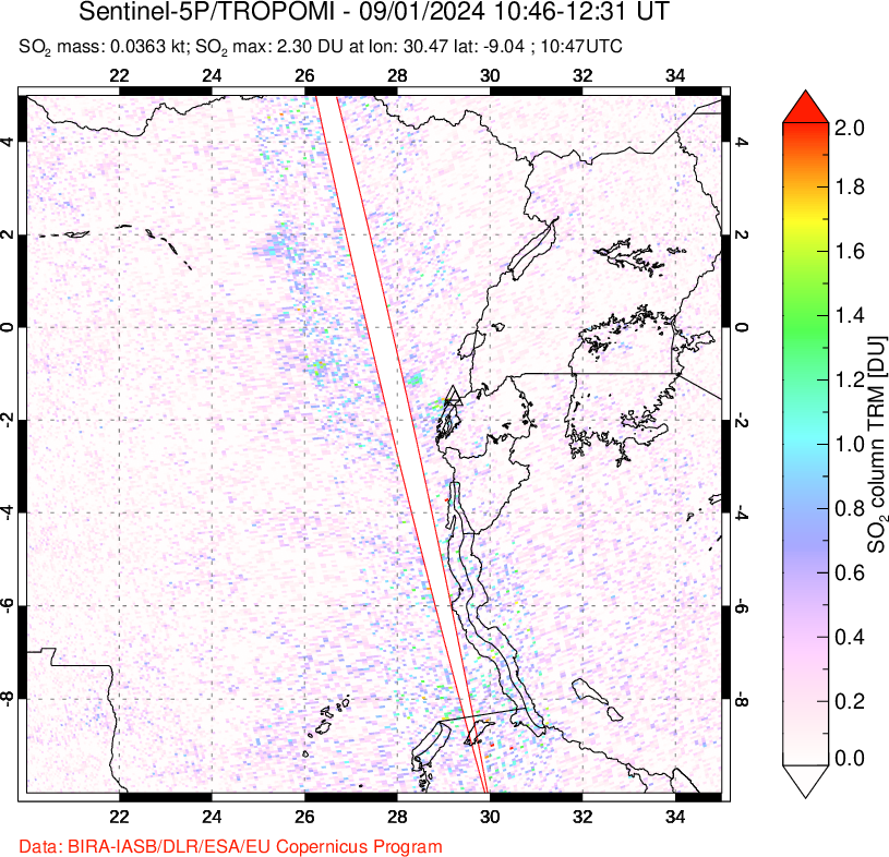 A sulfur dioxide image over Nyiragongo, DR Congo on Sep 01, 2024.